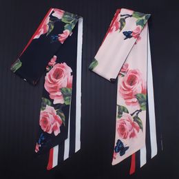 Sjaals 7cm 2022 Ontwerp Skinny Women Tie Rose Flower Print Silk Scarf Fashion Belt Brand Handtas Kleine Lange ScarvessCarves