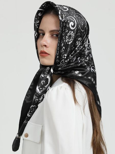 Foulards 90 90 cm Foulard Carré En Soie Pour Femmes Imprimer Satin Bandeau Foulard Femme Automne Printemps Châle Wraps Musulman Hijab Foulard