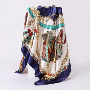 Bufandas 90 90 cm Bufanda de seda versátil Mujeres Mantón grande Estampado floral Pañuelo cuadrado Marca de lujo Pañuelo Foulard femenino Silenciador