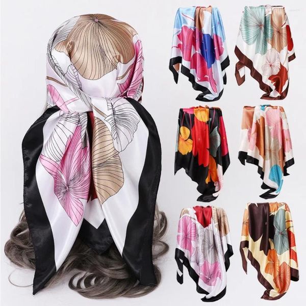Bufandas 90 cm Estampado floral Seda Satén Pañuelo Mujeres Diseño de lujo Cuello Corbata Bufanda Mujer Pelo Mano Muñeca Foulard Mantón Hijab Bandana