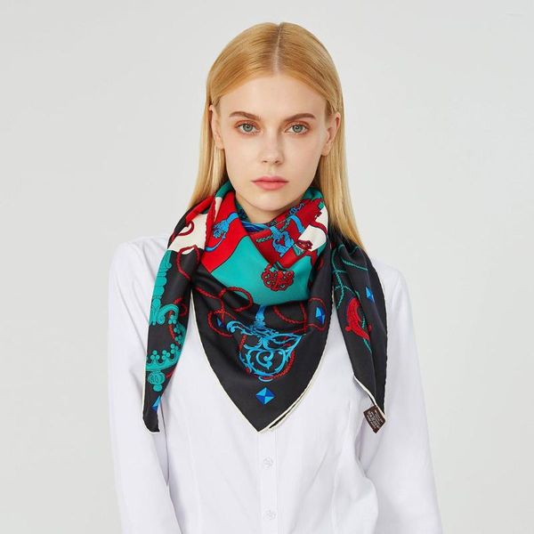 Foulards 90 cm clé impression luxe sergé foulard en soie Foulard Hijab marque carré femmes Bandana à la main enroulé tête chaînes