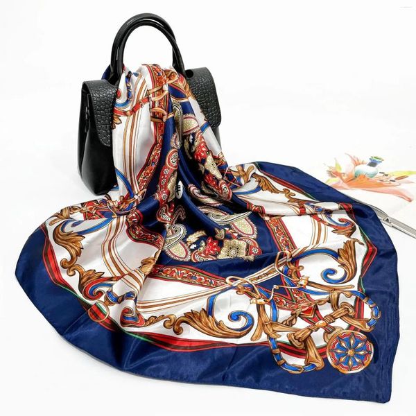 Bufandas 90 cm Bufanda cuadrada grande Seda de imitación Impresión femenina Bandana para las mujeres Diadema de moda al por mayor