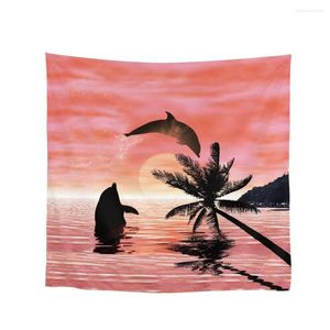 Foulards 90 cm coucher de soleil dauphin imprimé foulard en soie femmes Bandana carré Design paysage foulard dames mode châle Echarpe