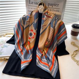 Bufandas 90 cm Sarga Seda Bufanda cuadrada Mujeres Verano Mantón Wraps Imprimir Caballo de lujo Playa Estolas Mujer Headkerchief Hijab Bandana 2022