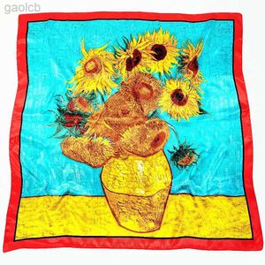 Écharbes 90cmhot Vente Spring Van Gogh Gogh Classic Series Paindre d'huile Vase Sunflower Lady Decoration Simulation Scarpe en soie grande écharpe carrée 240410