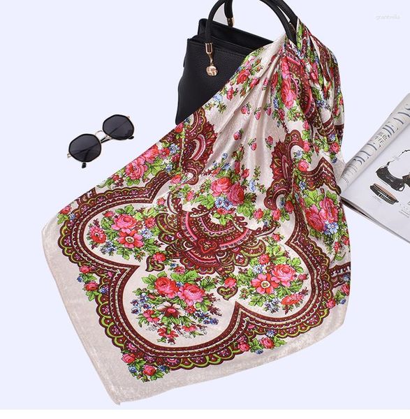 Foulards 95 95 cm foulard en soie florale russe pour femmes luxe fleur imprimé Satin carré Bandana mouchoir ethnique châle tête
