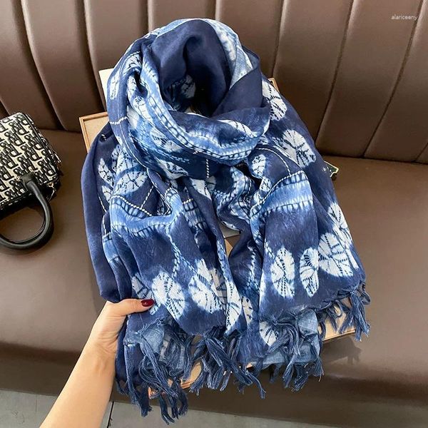 Bufandas Africano Indio Azul Marino Floral Borla Viscosa Bufanda Impresión de alta calidad Chales y envolturas Pashmina Robó Largo Suave Musulmán Hijab