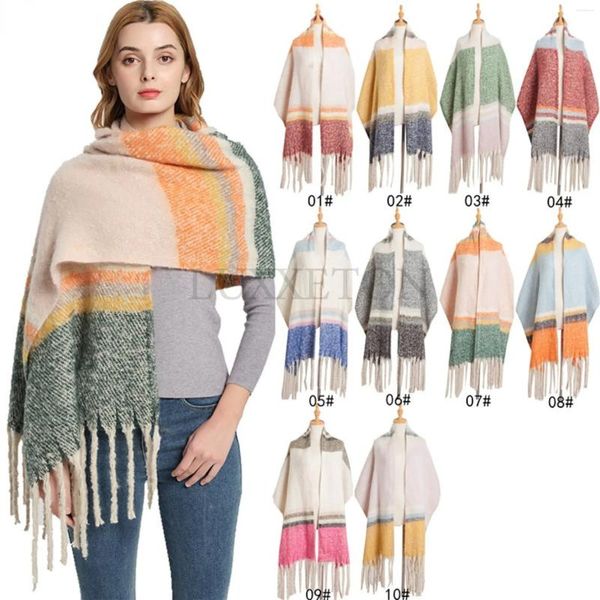 Bufandas estilo americano streetwear ponchos casuales mujeres otoño invierno tejido con flecos patchwork color bufanda elegante chal femenino