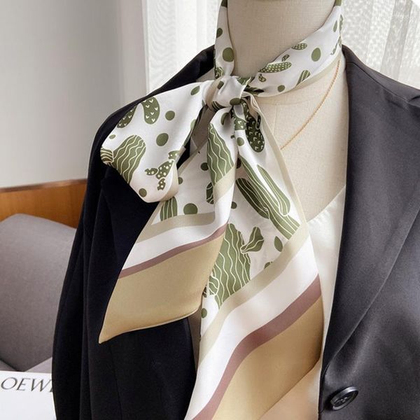 Foulards dauphin femmes large maigre foulard en soie kaki vert feuille imprimé en mousseline de soie soyeux bandeaux Bandana cheveux ruban Long sac cravate