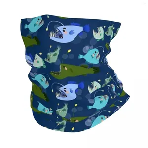 Écharpes baudroie - amusant bleu et vert dessin animé poisson océan motif bandana cou couverture imprimé masque écharpe chaud chapeaux sports de plein air
