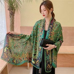 Écharpes armée verte de luxe en soie écharpe femmes châles d'oiseaux imprimés print à printemps enveloppe lady soft bandana foulard d'été pareo volé une longue dissimulation de couverture