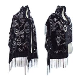 Sjaals Collectie Burnout Fluwelen Winter Sjaal Hijab Glitter Bloemen Sjaals Voor Bruiloft Zwart Hoofd Poncho Women253M