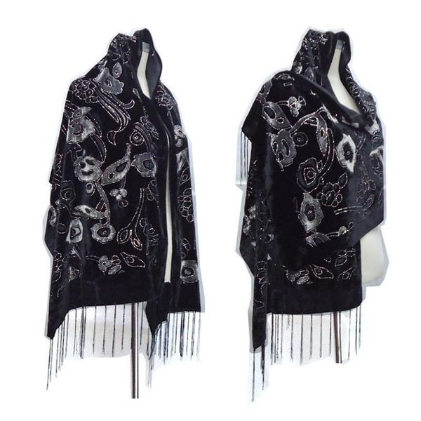 Écharpes Arrivée Burnout Velvet Écharpe d'hiver Hijab Glitter Floral Châles pour mariage Noir Head Ponchos Women2568