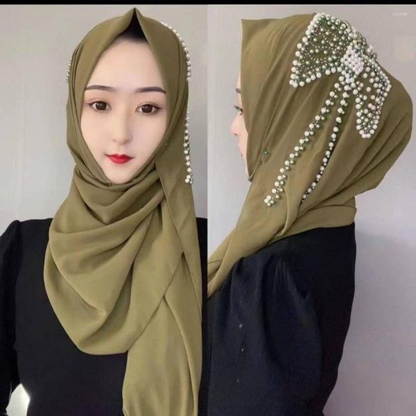Foulards Arrivée Frais Perle En Mousseline De Soie Longue Écharpe Hijabs Châles Musulman Mode Foulard Turbans En Gros