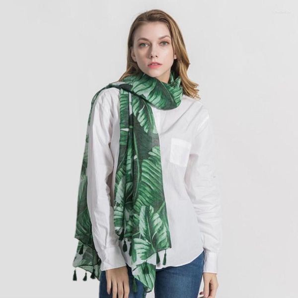 Foulards Arrivée Femmes Plantain Feuille Vert Écharpe Avec Glands Doux Coton Feuilles De Palmier Imprimé Chaud Châles Wraps Hijabs Silencieux