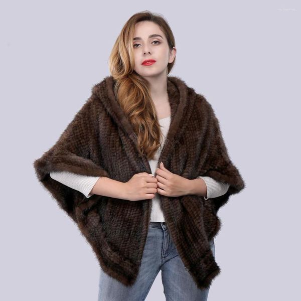 Foulards Arrivée Femmes Vraie Fourrure Châle Hiver Chaud Tricoté Véritable Manteau De Vison Marque De Mode Casual Ponchos