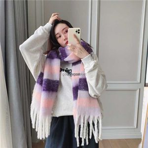 Foulards Automne et Hiver Nouveau Ac Écharpe Mohair Vêtements Chauds Mode Femmes Imitation Cachemire Épais Barbe Couleur Stripe Châle340vZZI0