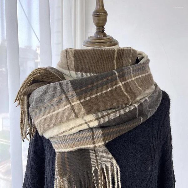 Bufandas Otoño Invierno Bufanda coreana para mujeres Grueso Cálido Wrap Plaid Borlas Cabeza Femenina A prueba de viento Mantón Hombres Pañuelo