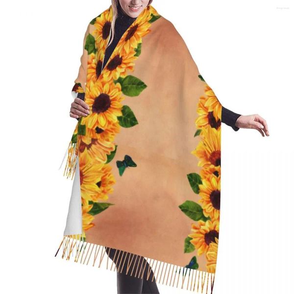 Foulards Automne Hiver Chaud Blooming Tournesol Feuilles Papillon Mode Châle Gland Wrap Cou Bandeau Hijabs Étole