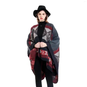 Sjaals Herfst Vrouwen Lange Out Streetwear Mantel Gedrukt Geruite Sjaal Deken Winter Warm Faux Kasjmier Geometrie Losse Split Poncho Cappa