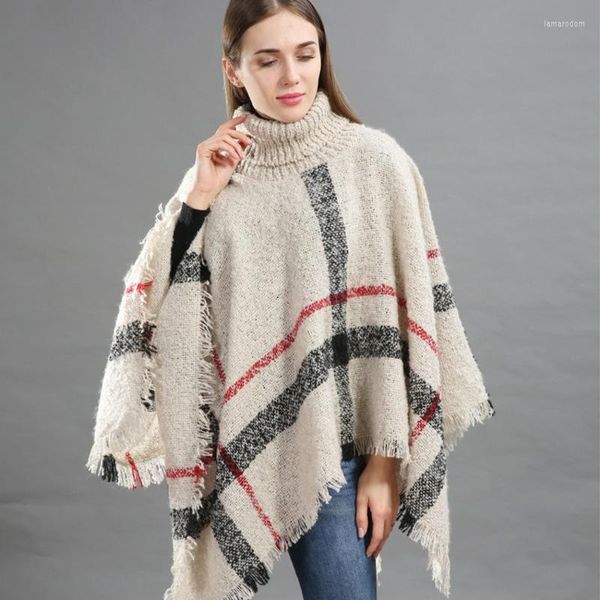 Foulards automne femmes luxe laine Plaid Cardigan col roulé Cape hiver chaud tricot chauve-souris sans manches Tartan Poncho pull