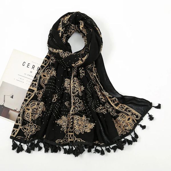 Bufandas Azteca Moda Bronceado Oro Floral Borla Diamante Viscosa Bufanda Estampado Suave Grueso Chales y envolturas Pashmina Estola Musulmán Hijab 231012