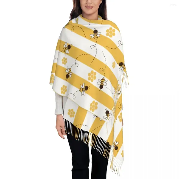 Écharpes Abeille Honeycomb Jaune Blanc Stripe Écharpe Femmes Chaud Hiver Pashmina Châles Wrap Golden Cartoon Mignon Long Grand Châle