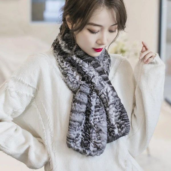 Foulards Besfilin véritable véritable écharpe de fourrure de chinchilla col doux double face tricoté à la main pour les femmes pour garder au chaud en automne et en hiver