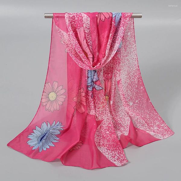 Foulards grande fleur écharpe en mousseline de soie florale 150 50cm long cou marguerite couverture de plage hijab mince châle de soie douce bricolage