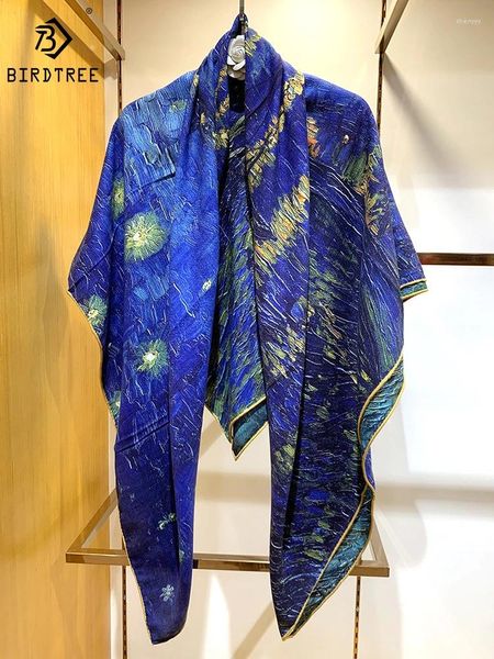 Foulards Birdtree 70% laine 30% véritable foulard en soie double face peinture à l'huile ciel étoilé confortable cadeau de maman châle 2024 printemps A41405QD