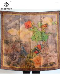 Foulards Birdtree Véritable Soie Xiangyunsha Foulard carré Jacquard Sertissage à la main Chinoiserie Châle élégant 2024 Printemps A3D912QD