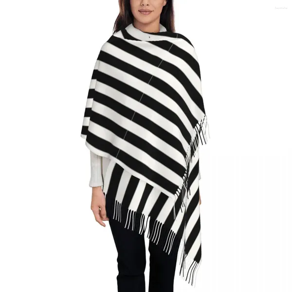 Foulards Foulards à rayures noires et blanches pour femmes hiver automne pashmina châles enveloppement long grand avec pompon léger