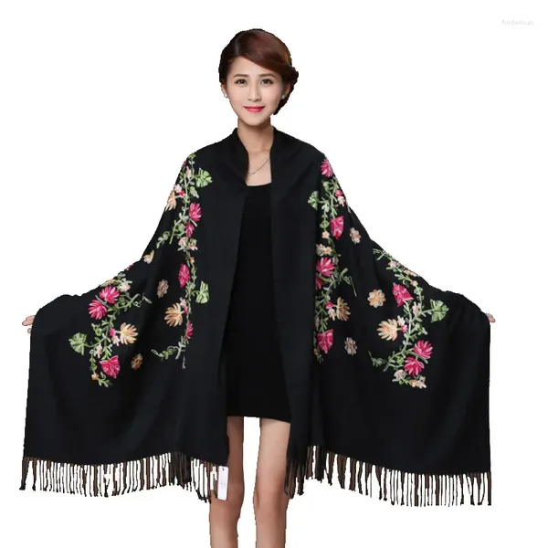 Foulards Noir Broder Fleur Pashmina Cachemire Écharpe Pour Femmes Hiver Chaud Fine Glands Châle Mode