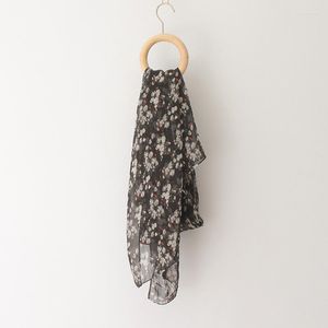 Foulard en soie imprimé fleur floral noir pour femmes printemps automne mince léger en mousseline de soie châle enveloppes Bufandas étoles de plage
