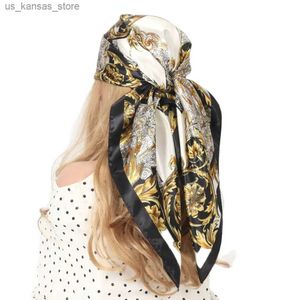 Sjaals Black Gold Vintage Square Silk Sjalves vrouwen hoofd/haar sjaal hijab multifunctionele bandana cheveux foulard femme 90x90 groothandel240409