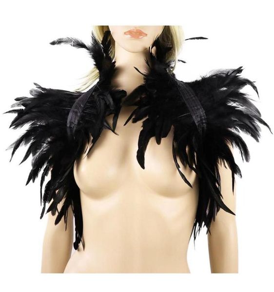 Bufandas negras plumas naturales de encogimiento de hombros envolturas de hombro de la capa gótica cosplay fiesta de la fiesta de la jaula del bray de sujetador collarsc3367630