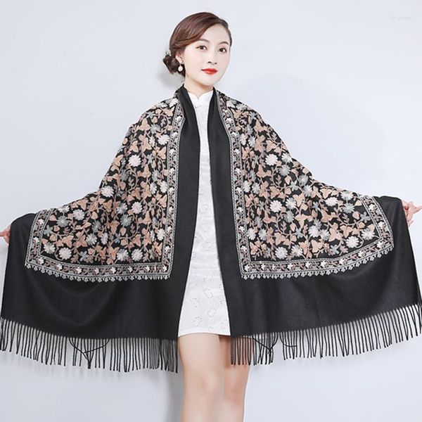 Foulards noir châle chinois brodé écharpe femmes hiver chaud Cape longue gland élégant Poncho Bufandas Invierno Mujer 2023