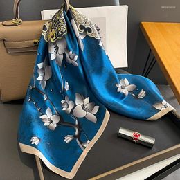 Foulards Foulard en soie bleue Femmes Pure Nature Col carré Foulard Foulard Femme Châles Wraps 70x70cm Bandes de cheveux Mode