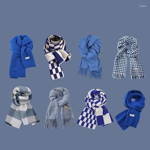 Écharpes à carreaux de tartan de style bleu pour femmes hiver longue avec écharpe super douce à franges