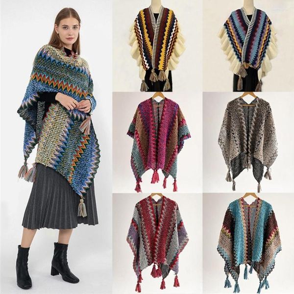 Bufandas Bohemia Faux Cachemira Vintage borla chal invierno cálido étnico viento Poncho mujeres grueso tejido capa suelta viaje abrigo
