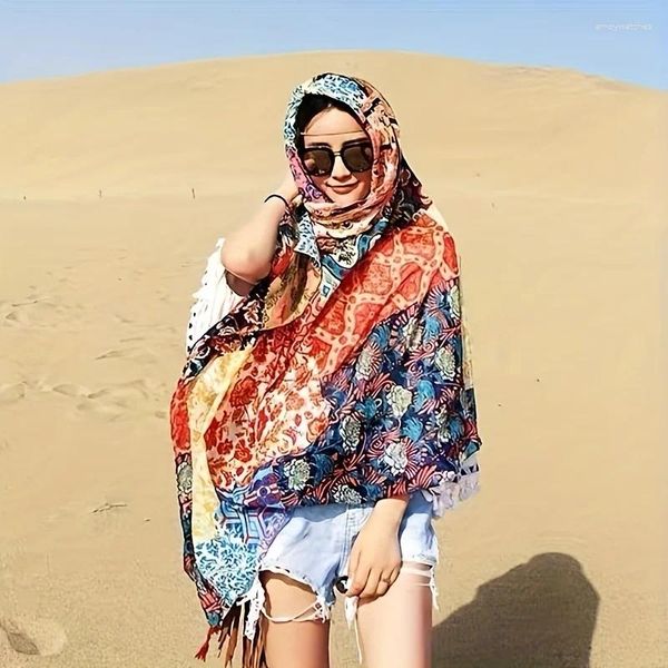 Bufandas Boho Flor Estampado Bufanda Clásico Borla Mantón Vintage A prueba de viento Envoltura de cabeza Protector solar Viaje Toalla de playa para mujeres