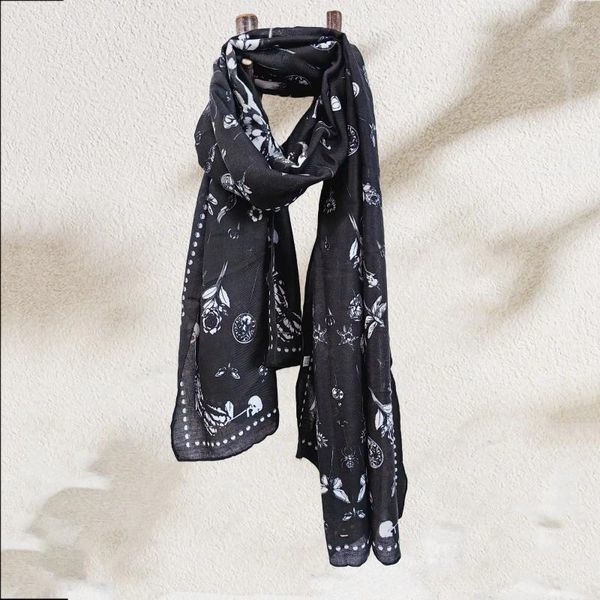 Foulards Marque Fleur Papillon Imprimer Écharpe Noir et Blanc Style Rétro Châle Coton Silencieux