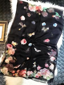 Foulards BYSIFA| Châle en soie pivoine rose noir pour femmes, écharpe longue en mousseline de soie, Foulard d'été, enveloppes de marque d'hiver