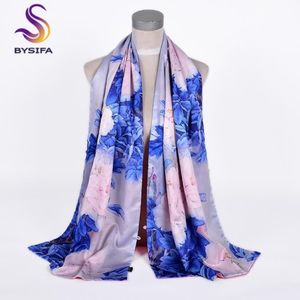 Sjaals BYSIFA Chinese stijl blauw roze pioenzijde zijden sjaal sjaal vrouwelijk elegant lange sjaals wraps herfst winter warm dik 175 50cm269x