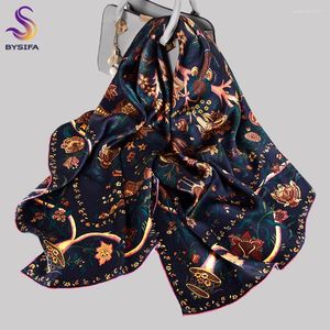 Foulards BYSIFA | Foulard en soie bleu marine doré hijab dames riche design floral imprimé carré 110 110 cm automne hiver enveloppes