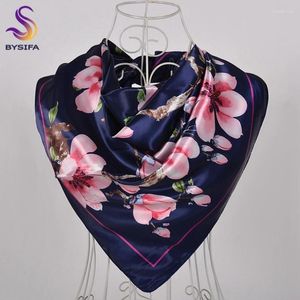 Bufandas BYSIFA | Bufanda cuadrada de seda rosa azul marino Impreso Mujer Marca Chales de satén Estilo de China Diseño de flor de melocotón Cabeza