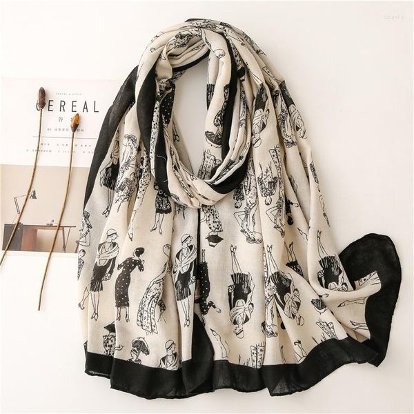 Foulards dessin animé mode espagne écharpe femmes luxe blanc Viscose châle dame haute qualité Wrap Pashmina étole Bufand