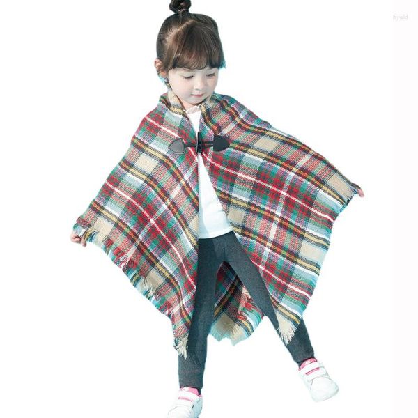 Bufandas CHENKIO Niños Vintage Plaid Punto Borla Poncho Chal Cabo Botón Cardigan Niños Bufanda Niñas Niños Invierno Bufanda-Collar