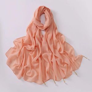 Sjaals Chiffon Effen Lange Sjaal Arabische Moslimvrouwen Kralen Kwasten Hijab Hoofdomslag Tulband Shaylas Accessoires