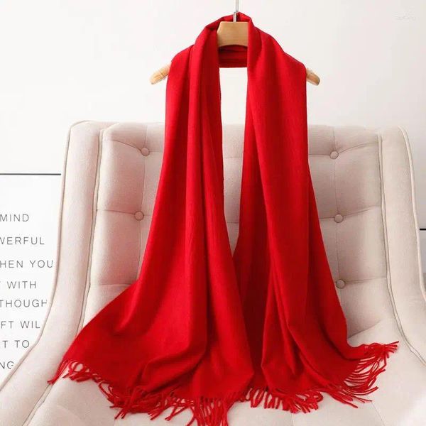Écharpes chinoises en cachemire rouge pour hommes et femmes, châle tricoté de couleur pure, épais et thermique